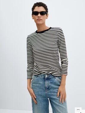 Mango Black & White Striped Long-Sleeve Top size Medium